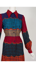 1970s Geometric Print Wool Challis Maxi Shirt Dress