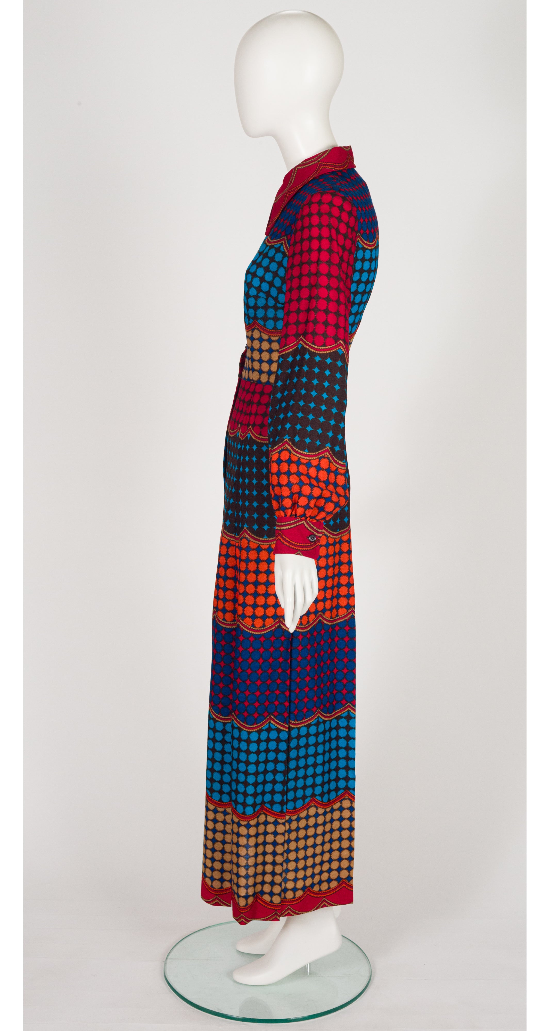 1970s Geometric Print Wool Challis Maxi Shirt Dress