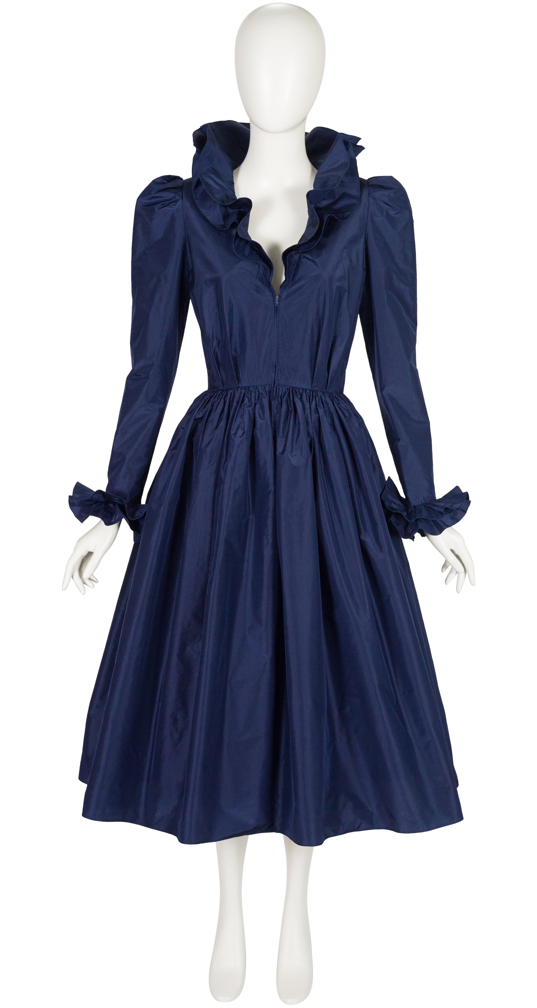 1980s Navy Silk Taffeta Leg-of-Mutton Sleeve Evening Dress
