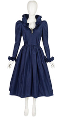 1980s Navy Silk Taffeta Leg-of-Mutton Sleeve Evening Dress