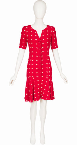 1990s Heart Print Red Crepe Drop-Waist Dress