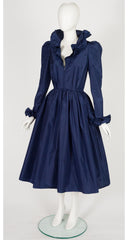 1980s Navy Silk Taffeta Leg-of-Mutton Sleeve Evening Dress