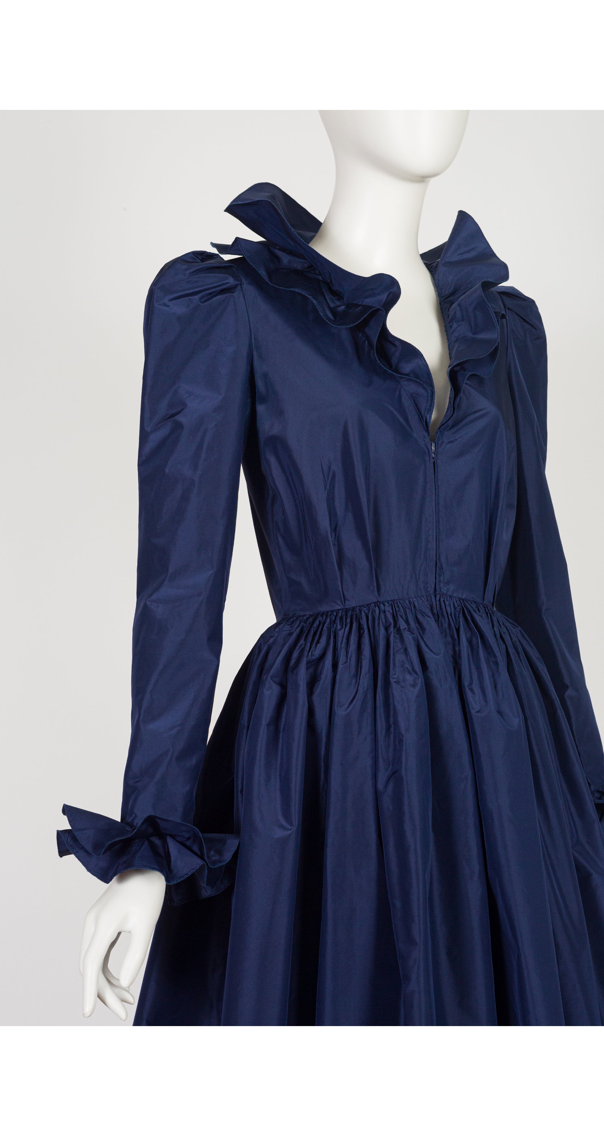1980s Navy Silk Taffeta Leg-of-Mutton Sleeve Evening Dress