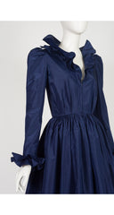 1980s Navy Silk Taffeta Leg-of-Mutton Sleeve Evening Dress