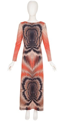 1976 Resort Op Art Print Nylon Jersey Maxi Dress