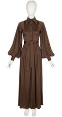 1970s Brown Jersey Bishop Sleeve Collared Maxi Dress