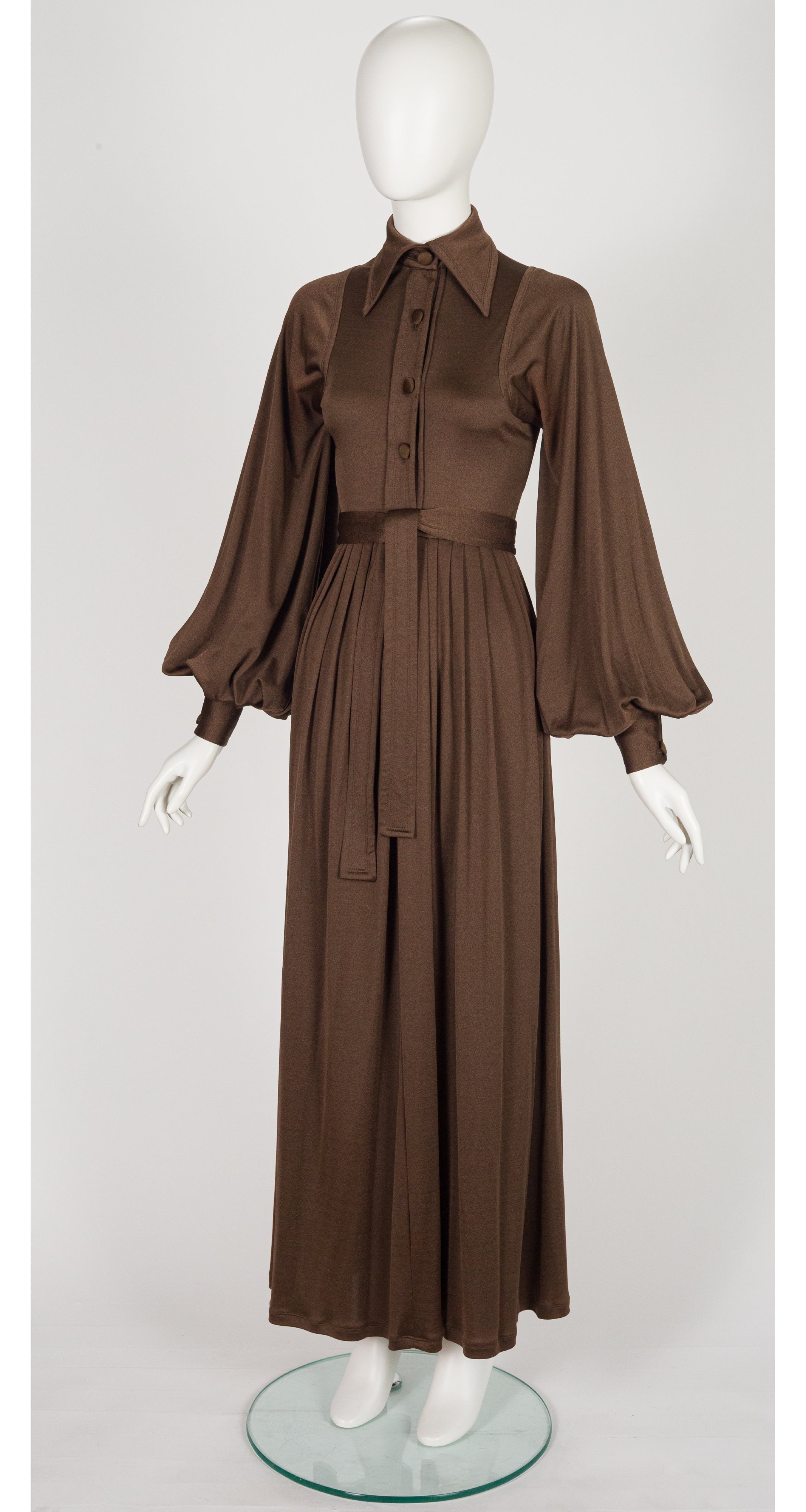 1970s Brown Jersey Bishop Sleeve Collared Maxi Dress