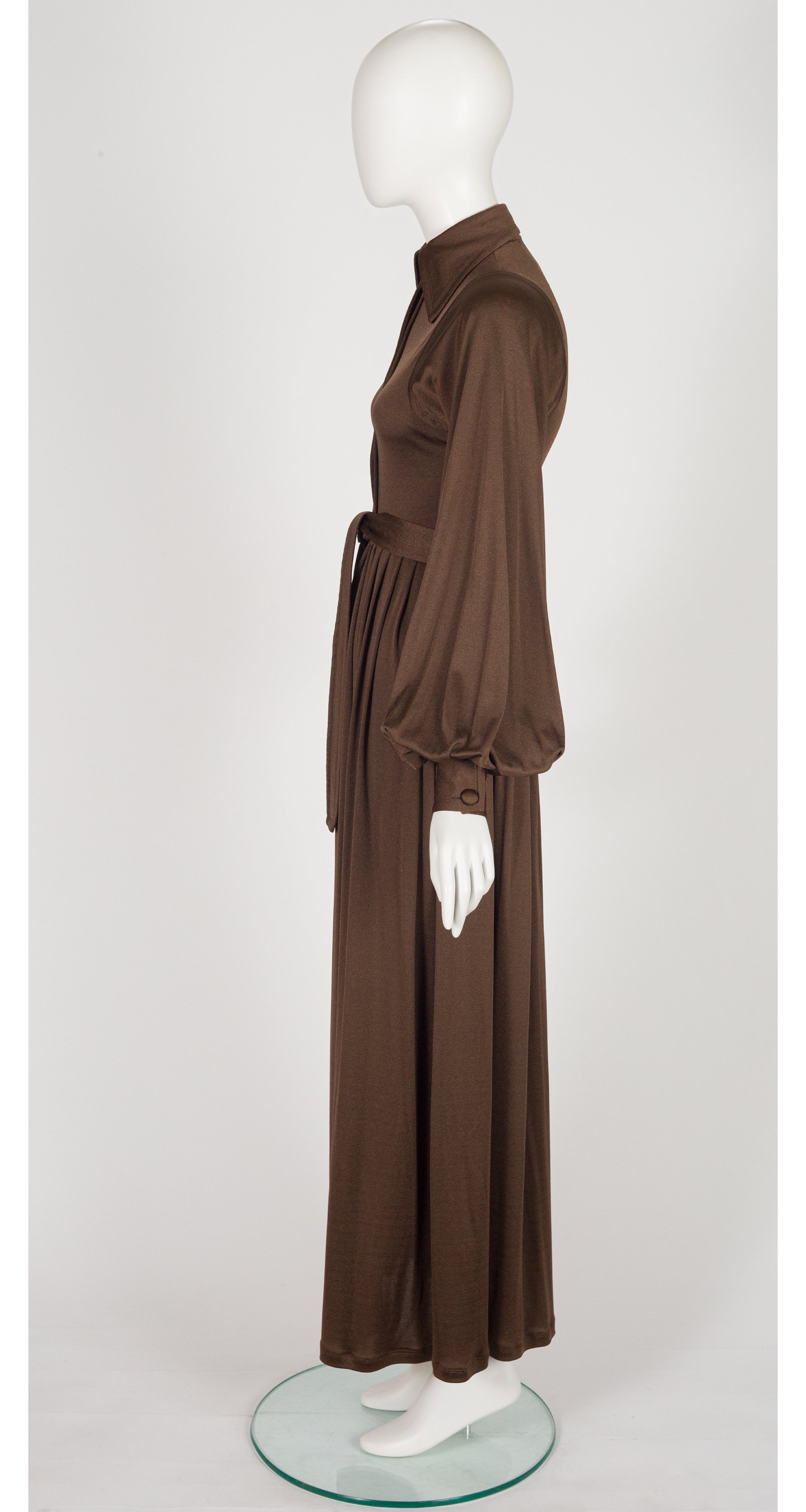 1970s Brown Jersey Bishop Sleeve Collared Maxi Dress