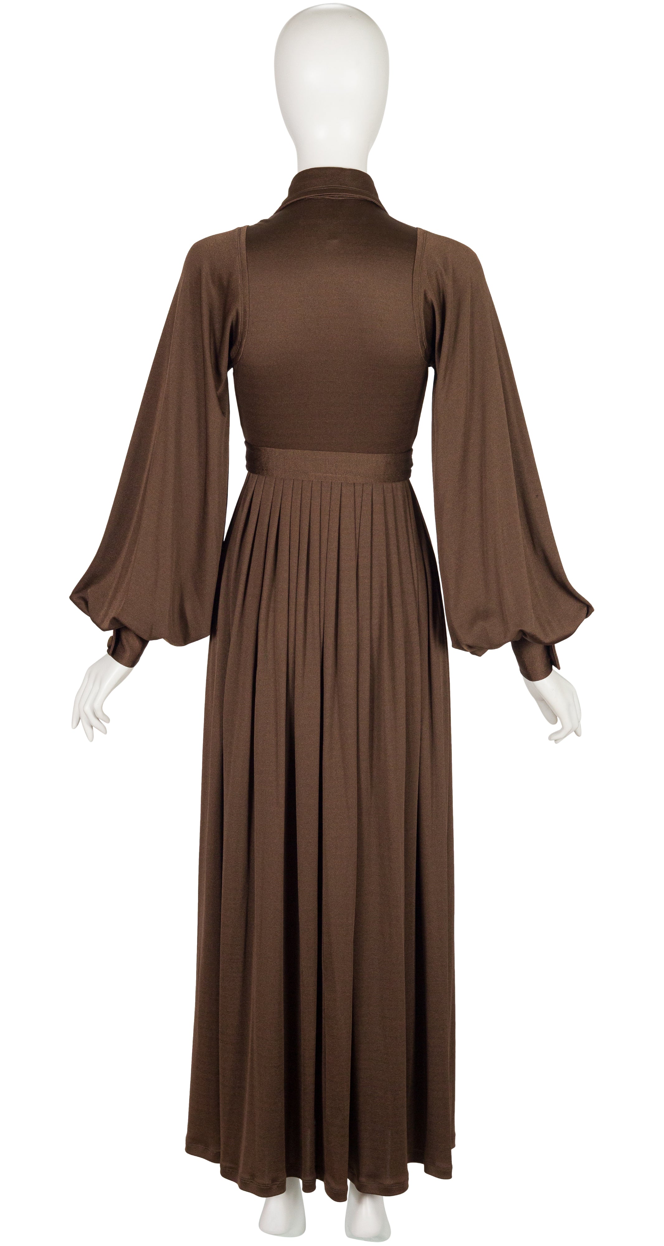 1970s Brown Jersey Bishop Sleeve Collared Maxi Dress