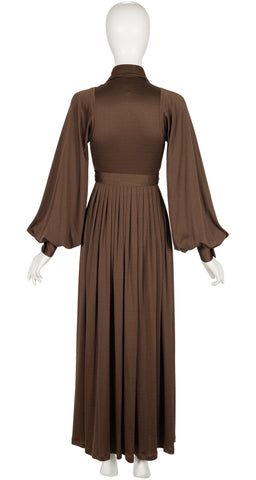1970s Brown Jersey Bishop Sleeve Collared Maxi Dress