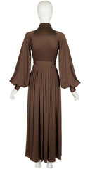 1970s Brown Jersey Bishop Sleeve Collared Maxi Dress