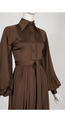 1970s Brown Jersey Bishop Sleeve Collared Maxi Dress