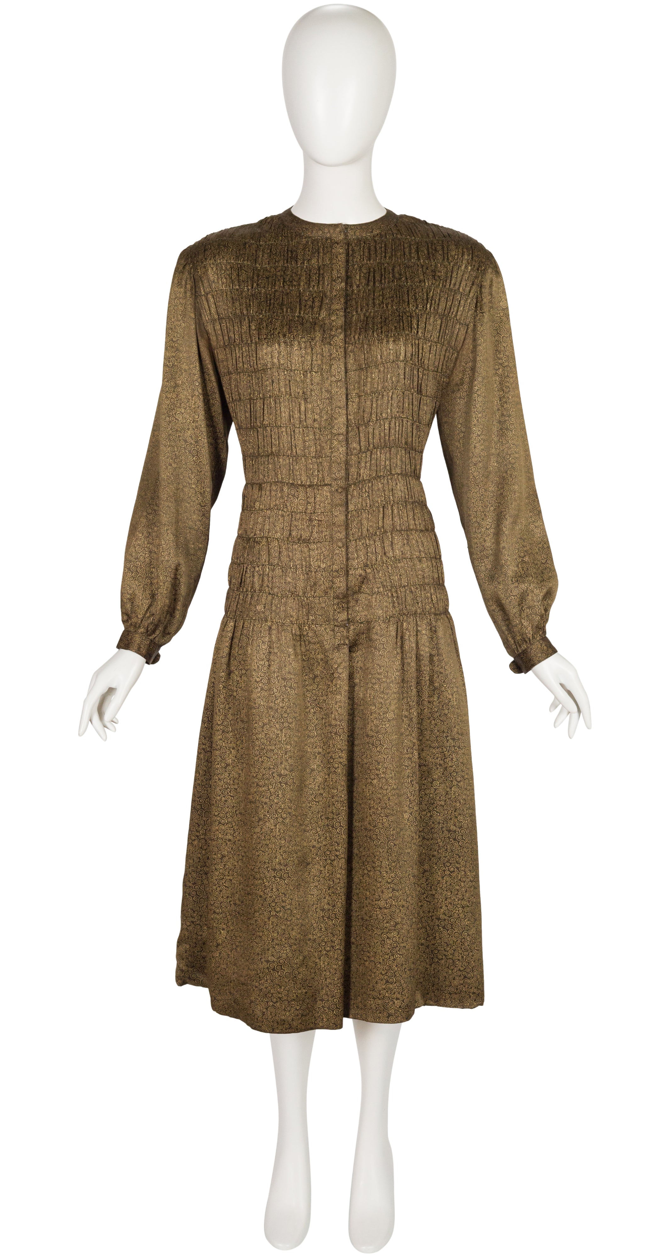 1978-79 F/W Gold Metallic Swirl Shirred Silk Midi Dress