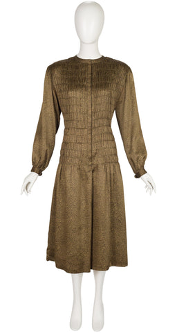 1978-79 F/W Gold Metallic Swirl Shirred Silk Midi Dress