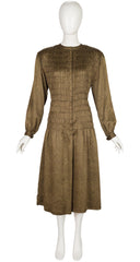 1978-79 F/W Gold Metallic Swirl Shirred Silk Midi Dress