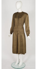 1978-79 F/W Gold Metallic Swirl Shirred Silk Midi Dress