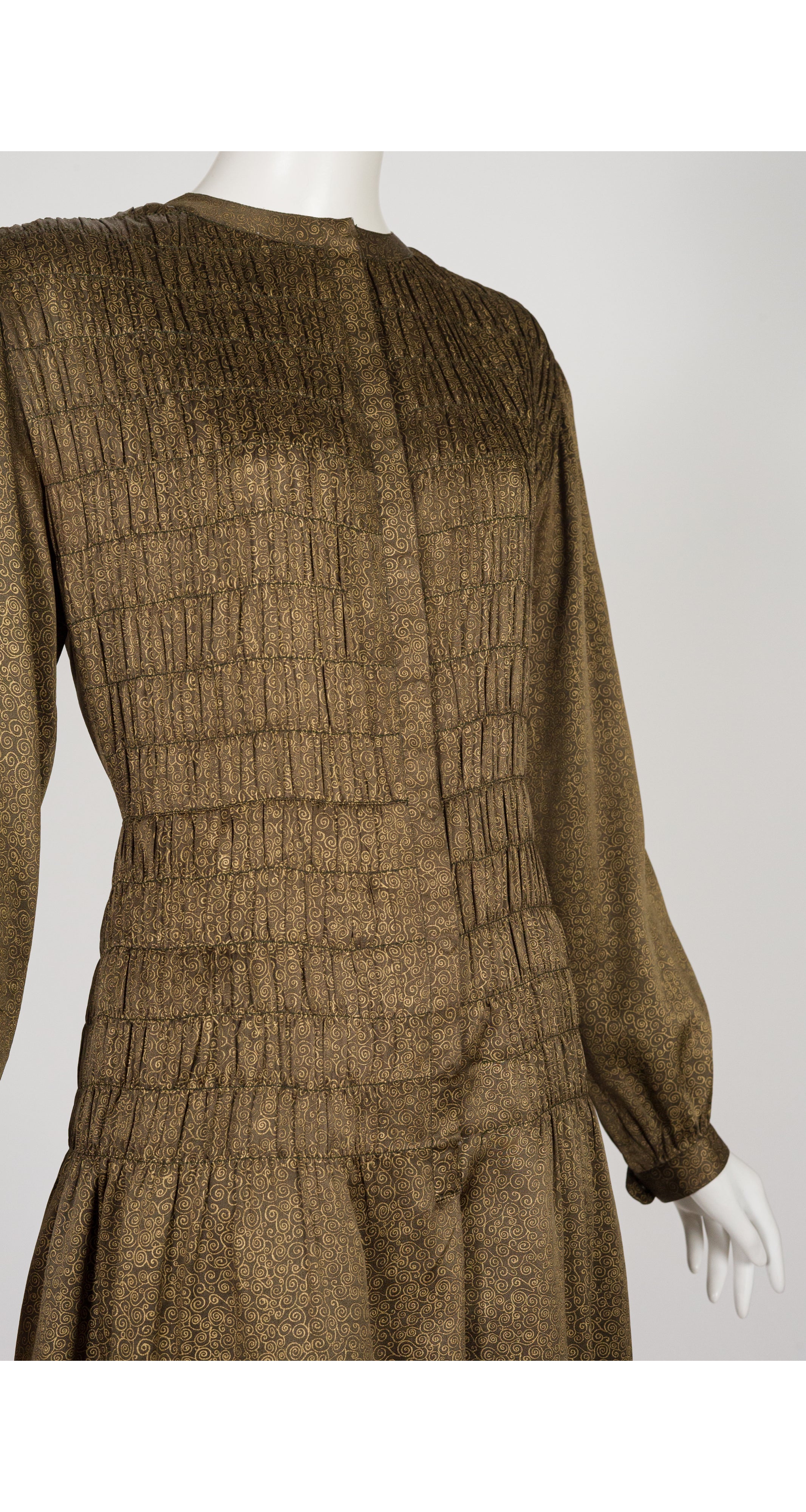 1978-79 F/W Gold Metallic Swirl Shirred Silk Midi Dress