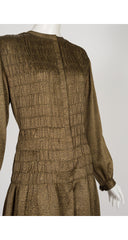 1978-79 F/W Gold Metallic Swirl Shirred Silk Midi Dress