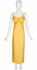 1960s Beaded Yellow Raw Silk Evening Gown