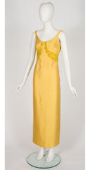 1960s Beaded Yellow Raw Silk Evening Gown