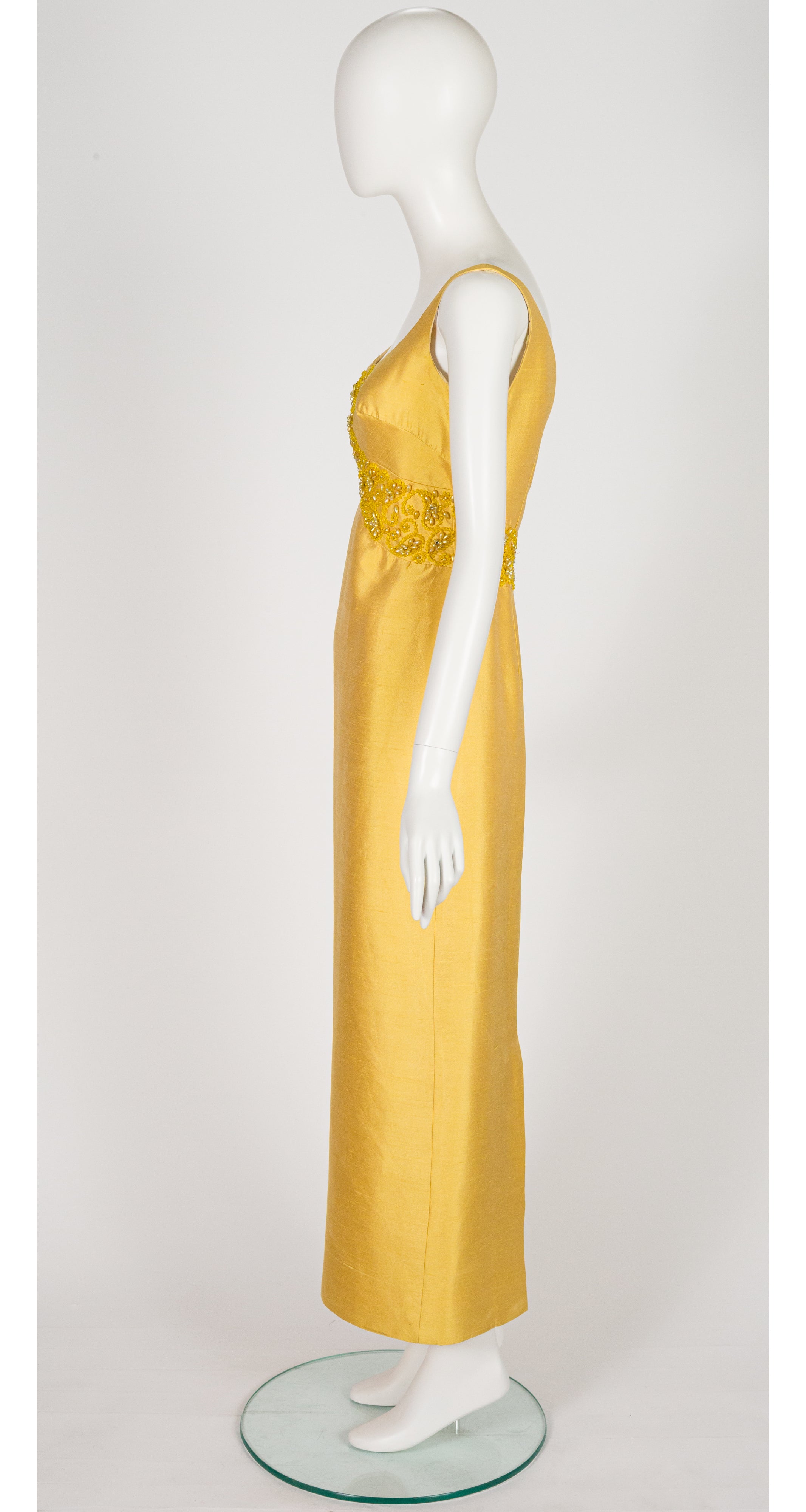 1960s Beaded Yellow Raw Silk Evening Gown