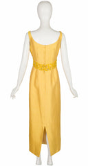 1960s Beaded Yellow Raw Silk Evening Gown