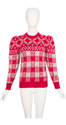 1980s Fair Isle Red Wool Puff Shoulder Sweater