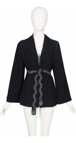 1970s Peacock Silk Applique Black Wool Crepe Jacket