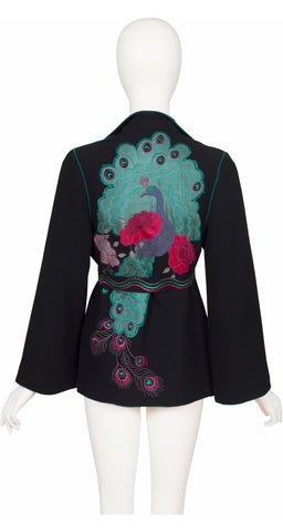 1970s Peacock Silk Applique Black Wool Crepe Jacket