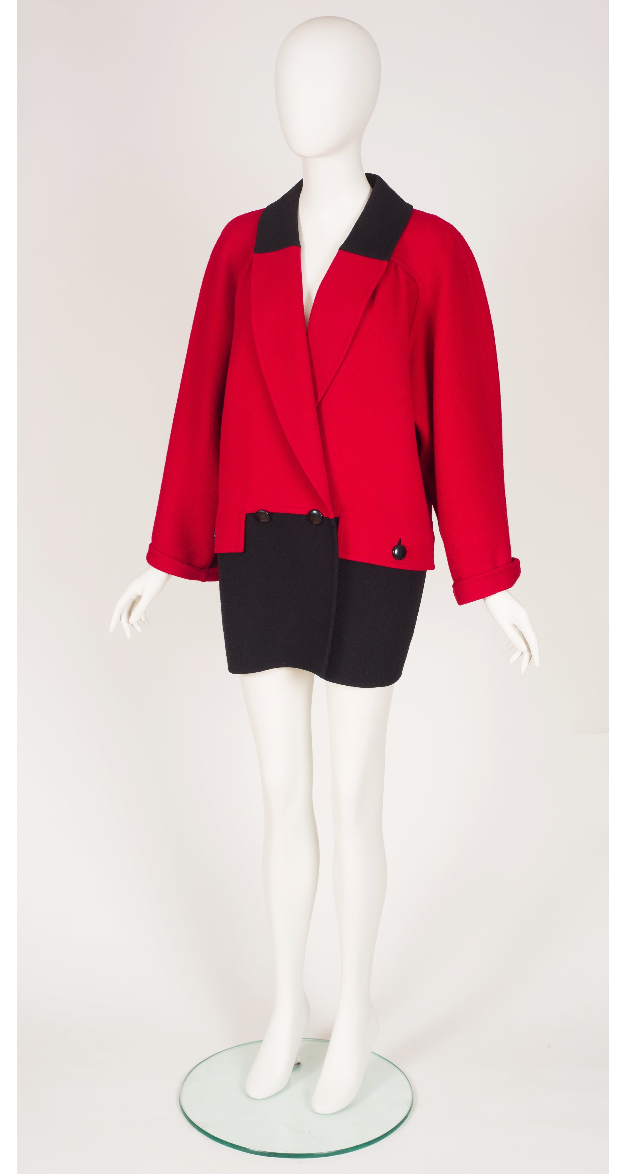 1980s Red & Black Color-Block Wool Shawl Collar Coat