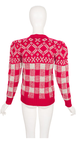 1980s Fair Isle Red Wool Puff Shoulder Sweater