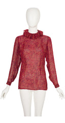 1980s Red Floral Silk Chiffon Pierrot Collar Blouse