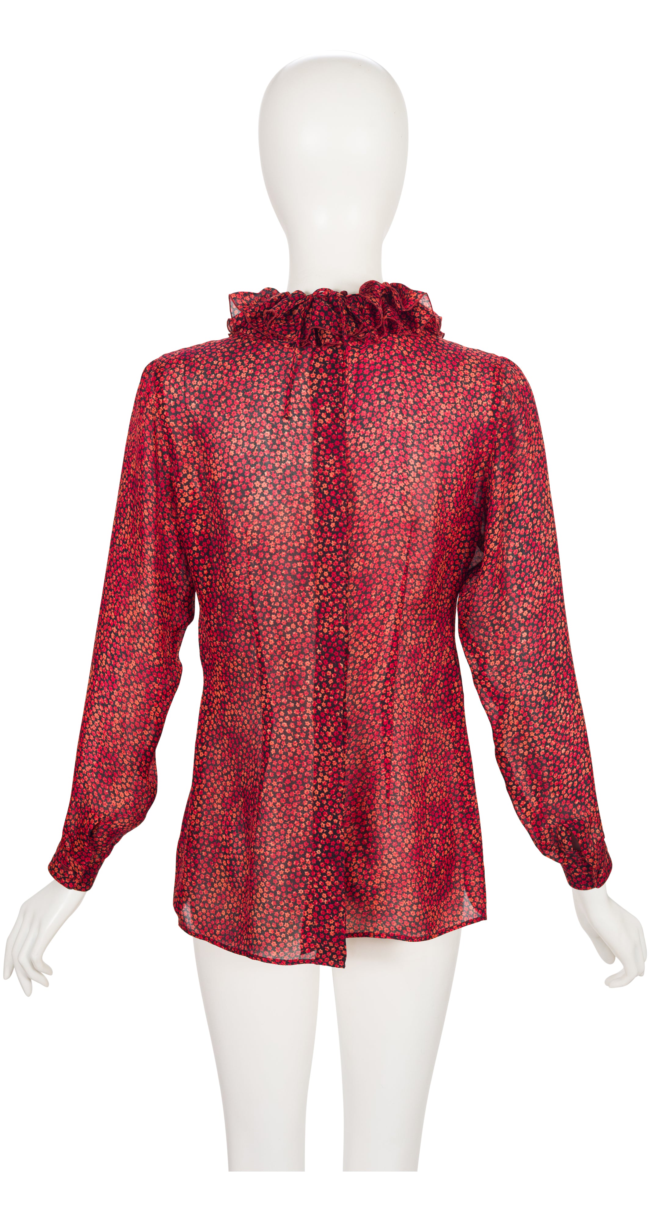 1980s Red Floral Silk Chiffon Pierrot Collar Blouse