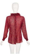 1980s Red Floral Silk Chiffon Pierrot Collar Blouse
