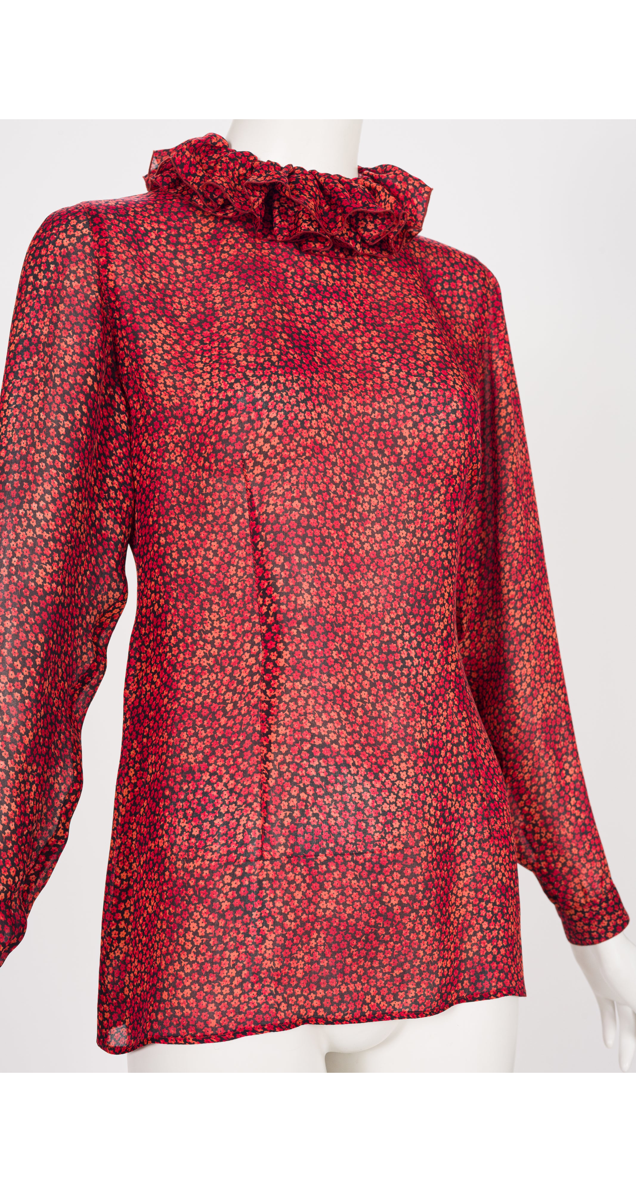 1980s Red Floral Silk Chiffon Pierrot Collar Blouse