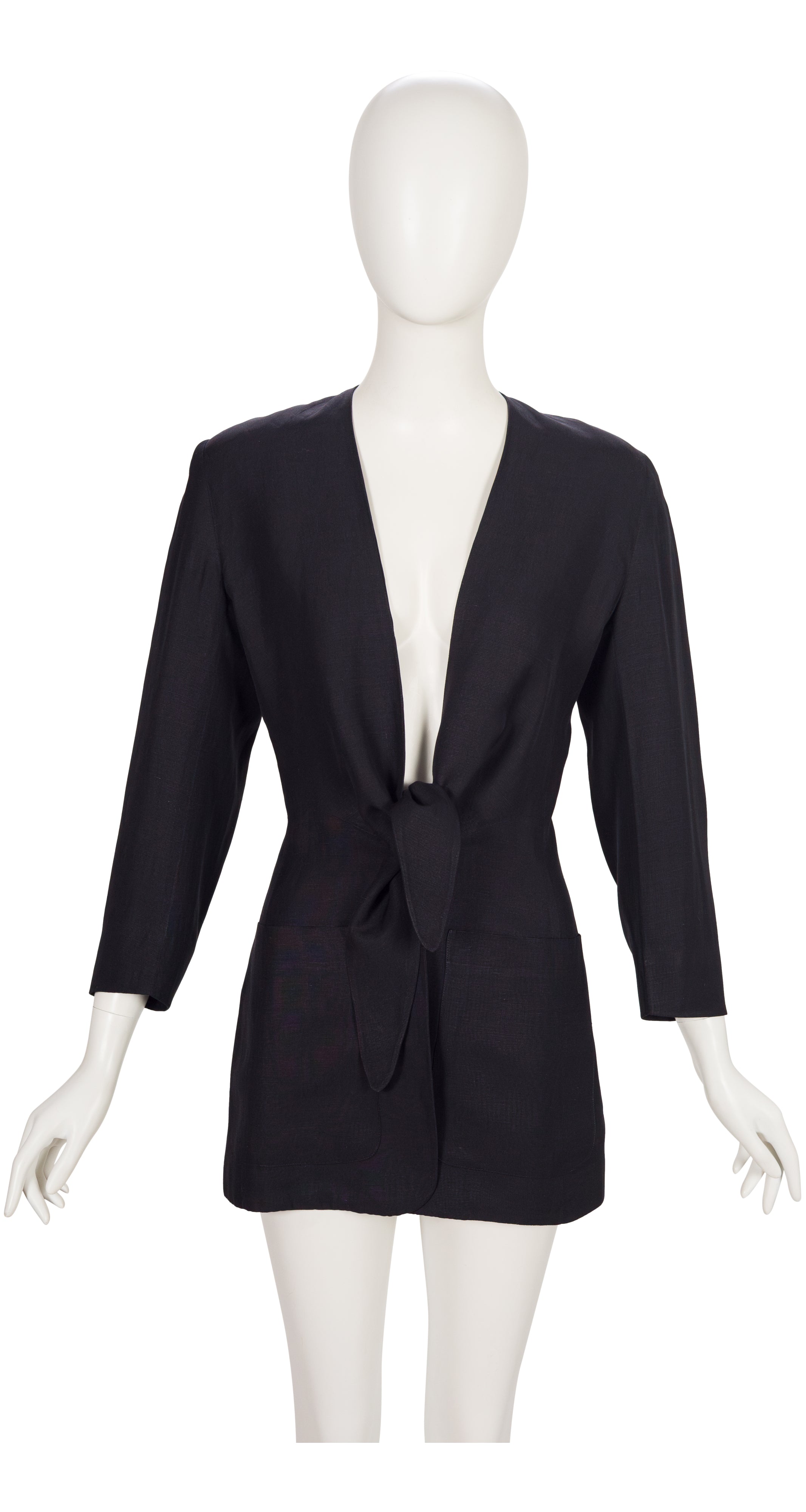 1990s Black Silk & Linen Plunge Neck Blazer