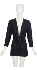 1990s Black Silk & Linen Plunge Neck Blazer