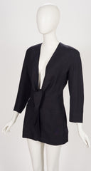 1990s Black Silk & Linen Plunge Neck Blazer