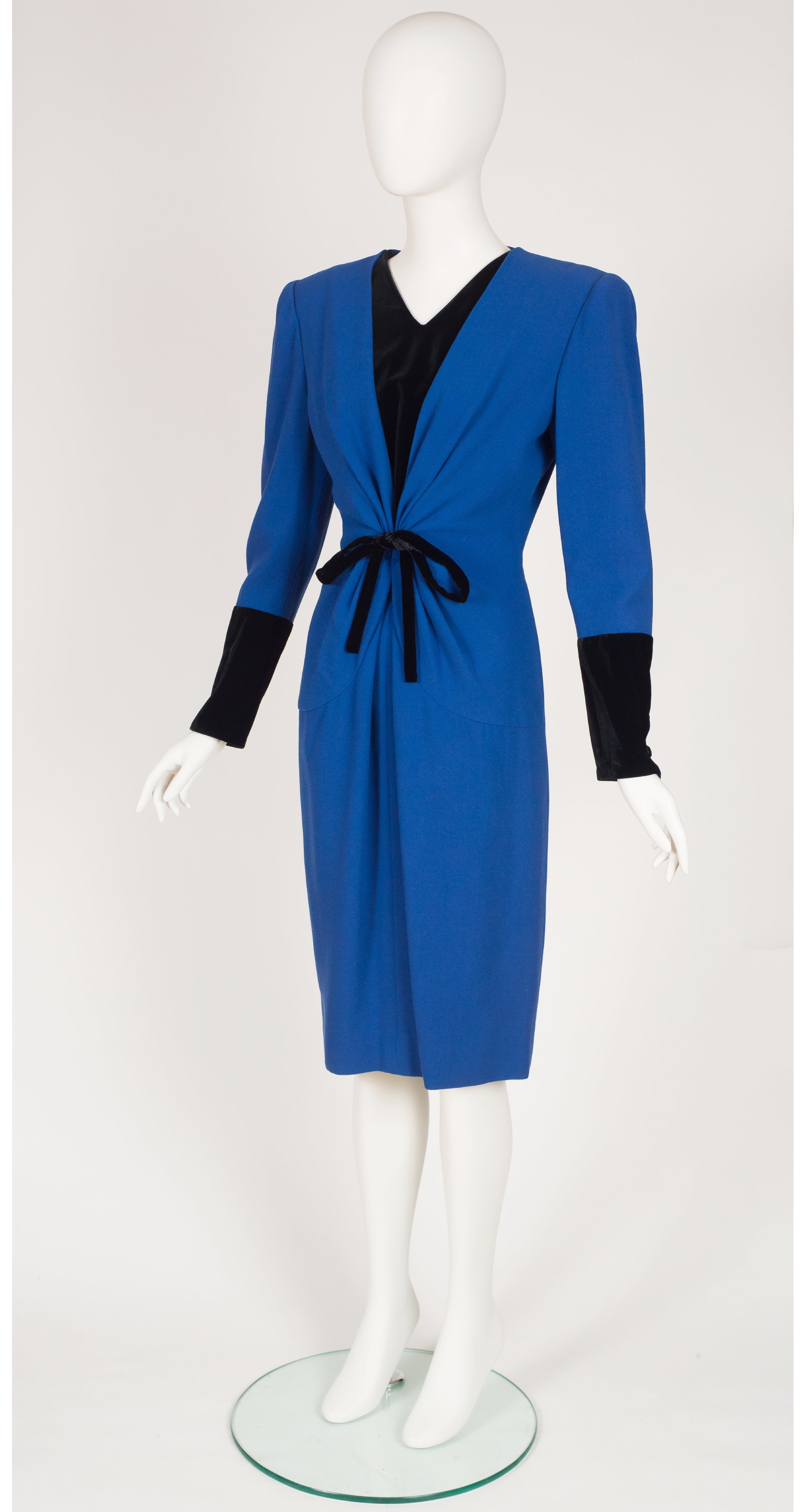 1980s Blue Wool Crepe & Black Velvet Evening Dress