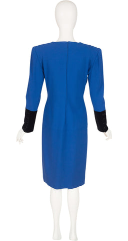 1980s Blue Wool Crepe & Black Velvet Evening Dress