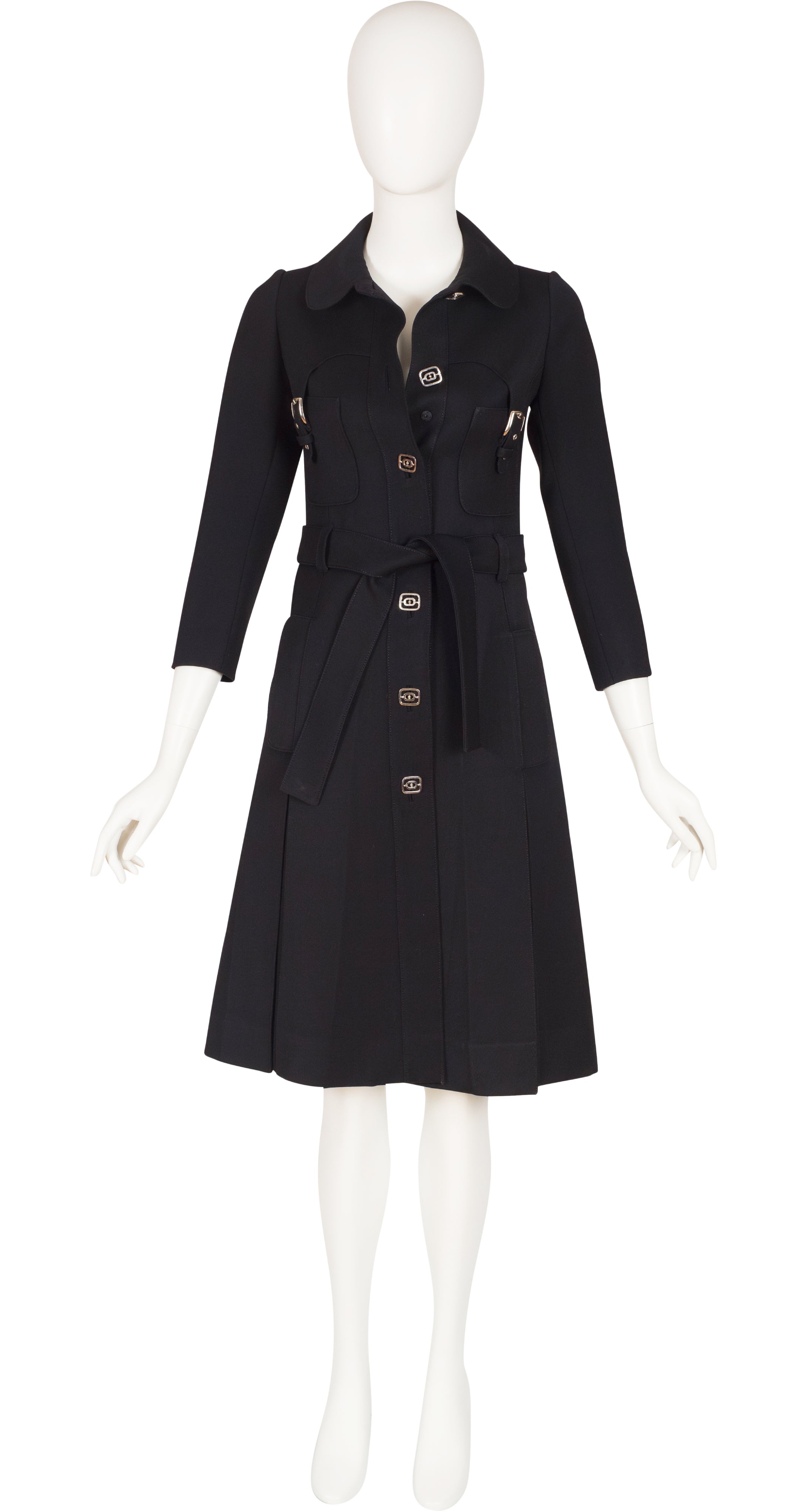 1970s Black Wool Gabardine Pleated Belted Coat