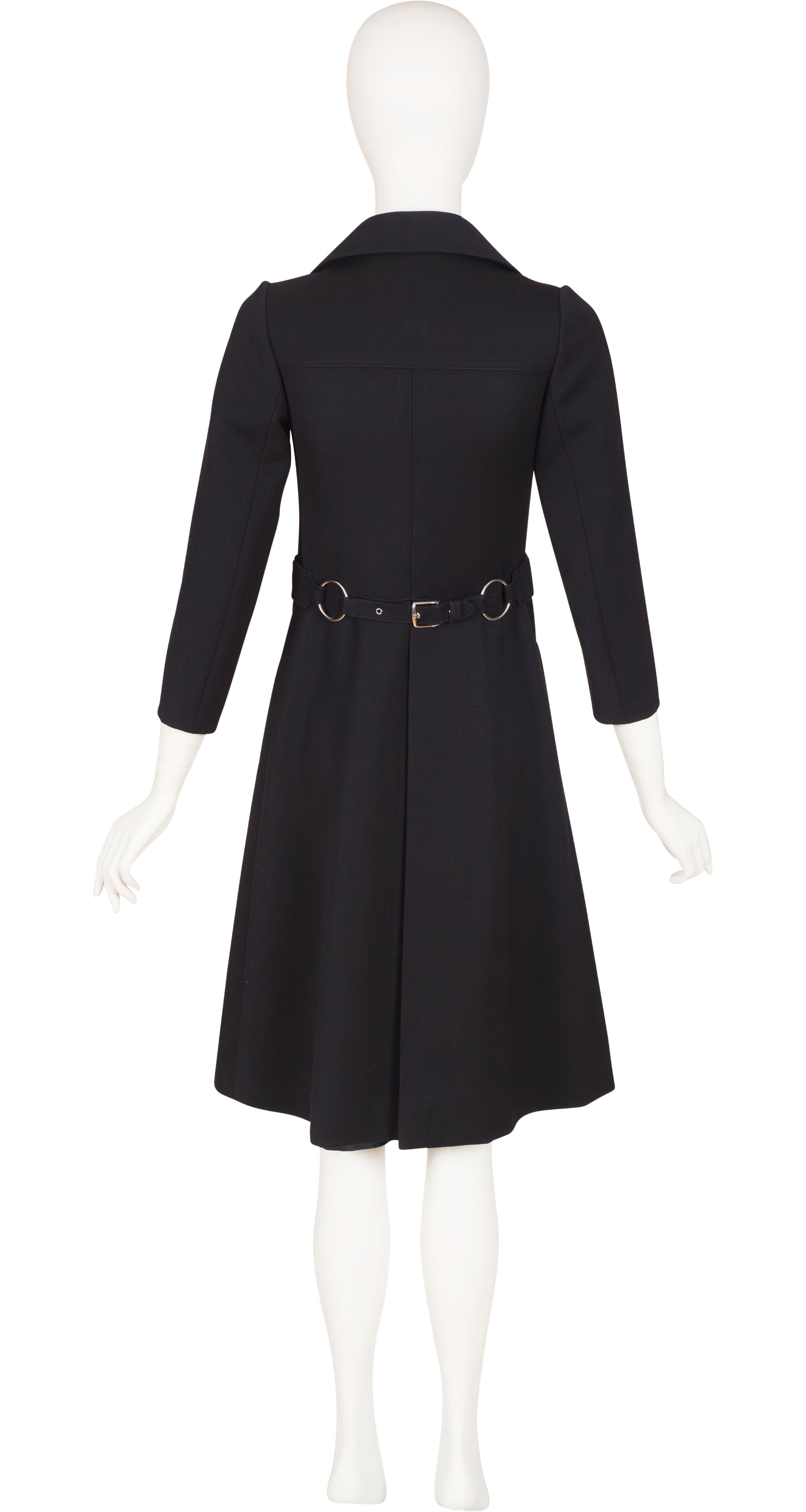 1970s Black Wool Gabardine Pleated Belted Coat