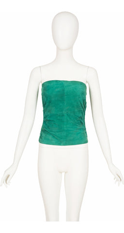 1980s Kelly Green Suede Ruched Sleeveless Top