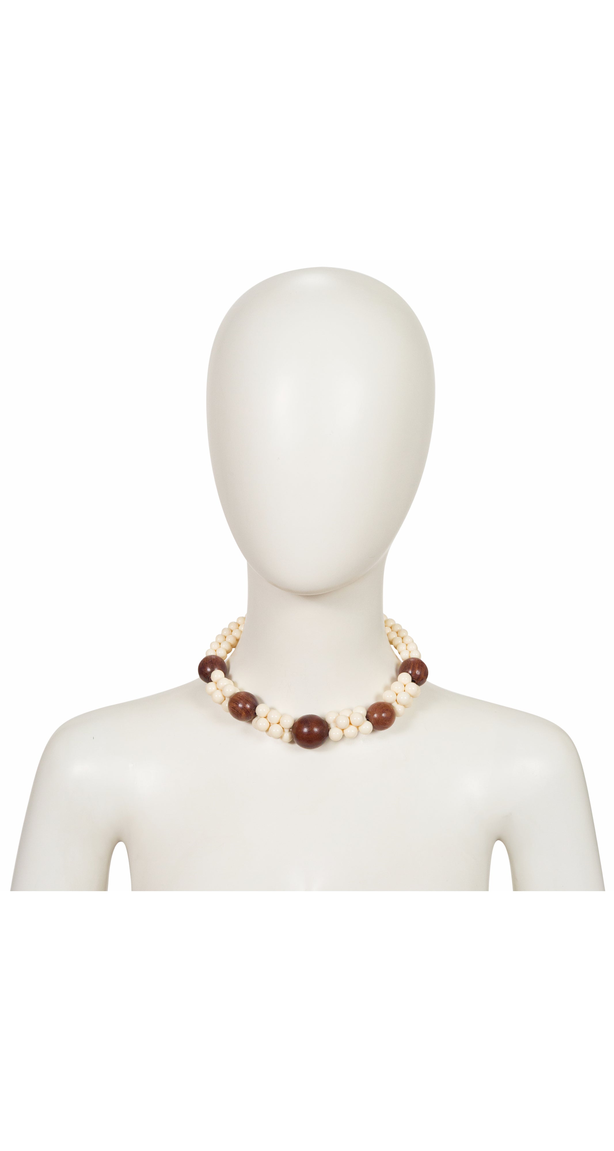 1980s Wood & Cream Resin Beaded Choker Necklace