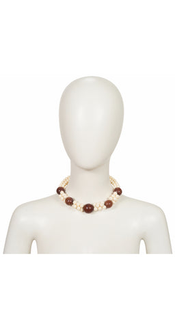 1980s Wood & Cream Resin Beaded Choker Necklace