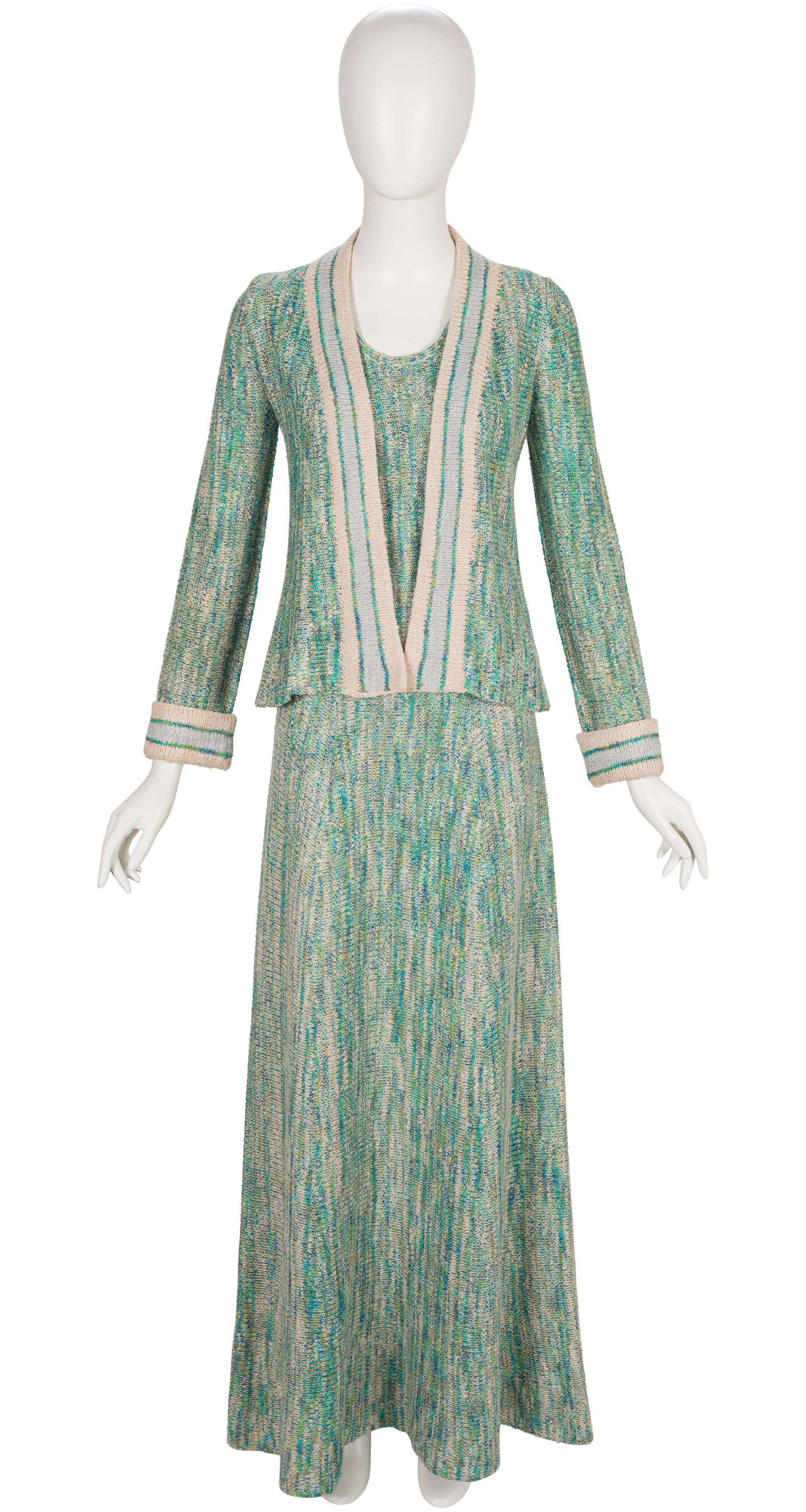 1970s Blue & Green Knit Three-Piece Maxi Outfit