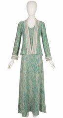 1970s Blue & Green Knit Three-Piece Maxi Outfit