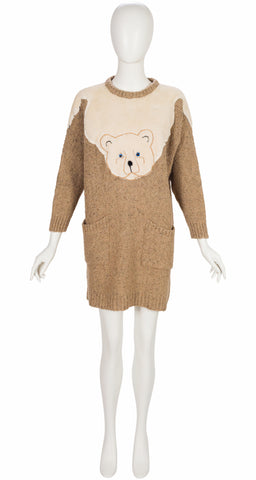 1980s Polar Bear Appliqué Beige Wool Sweater Dress