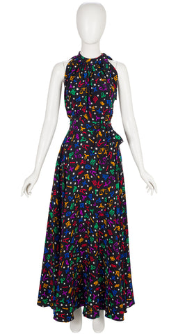 1982 S/S Zodiac Sign Black Silk Top & Maxi Skirt Set