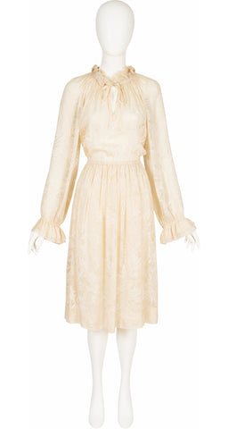 1970s Leaf Print Cream Balloon Sleeve Dress